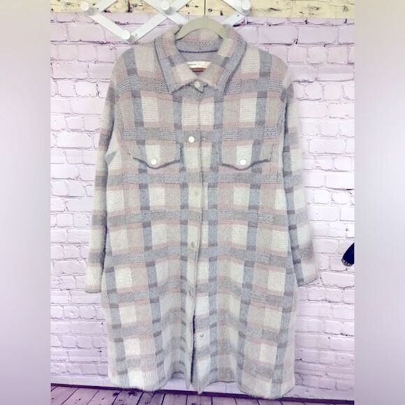 Anthropologie Pilcro Eliza Cream Plaid Sweater Longline Jacket Coat Shacket L - Picture 2 of 12